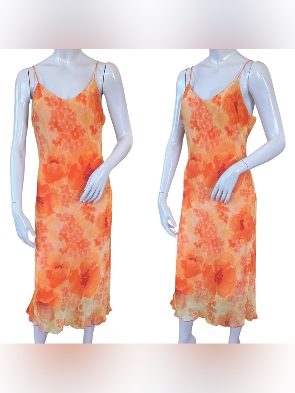 Vintage 90s Y2K Orange Floral Tropical Lettuce Trim Midi Slip Dress Size Medium